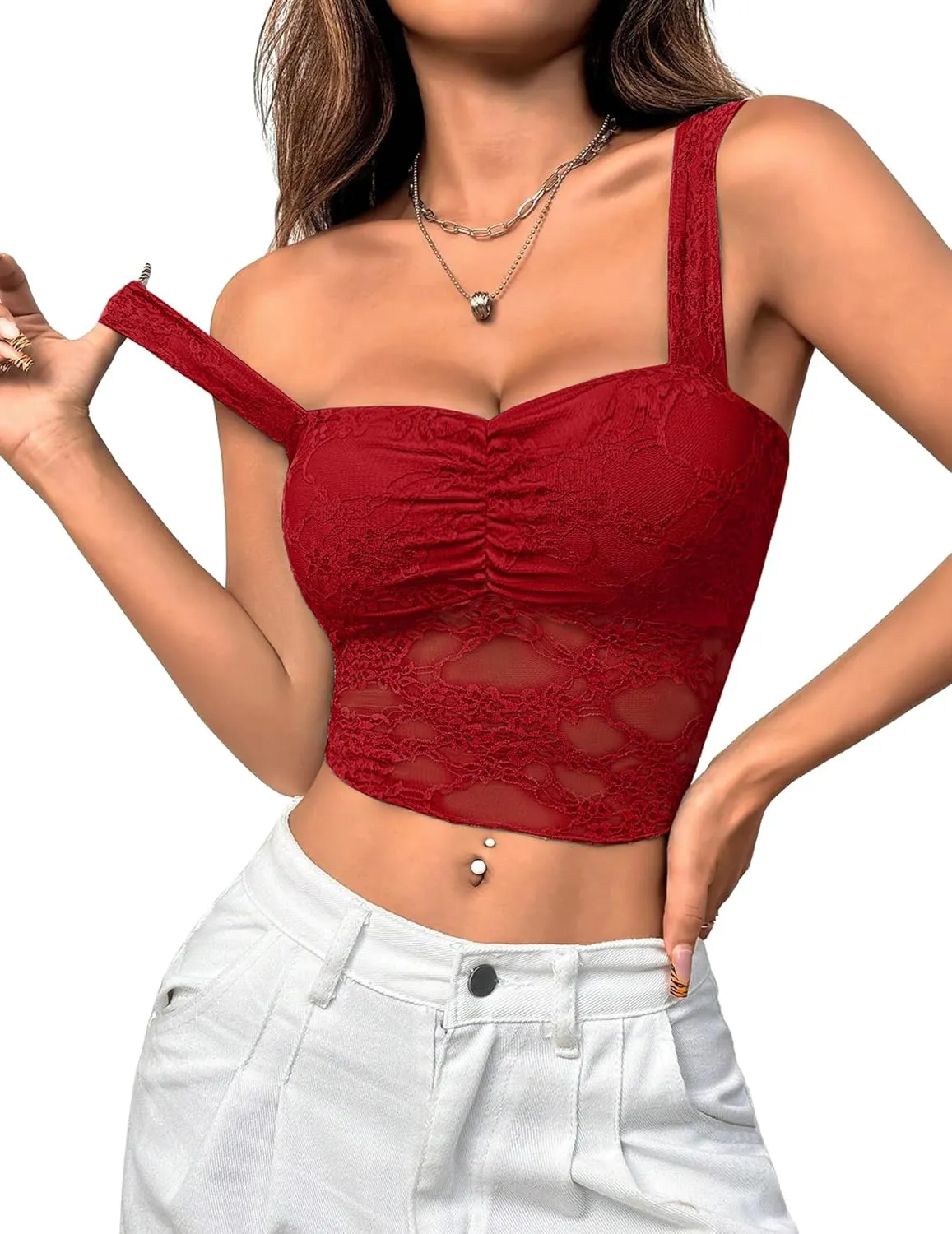Lace Tops for Women Sexy Crop Tops Y2k Going Out Shirt Mesh Camisole Blouse Tank Sheer Outfits