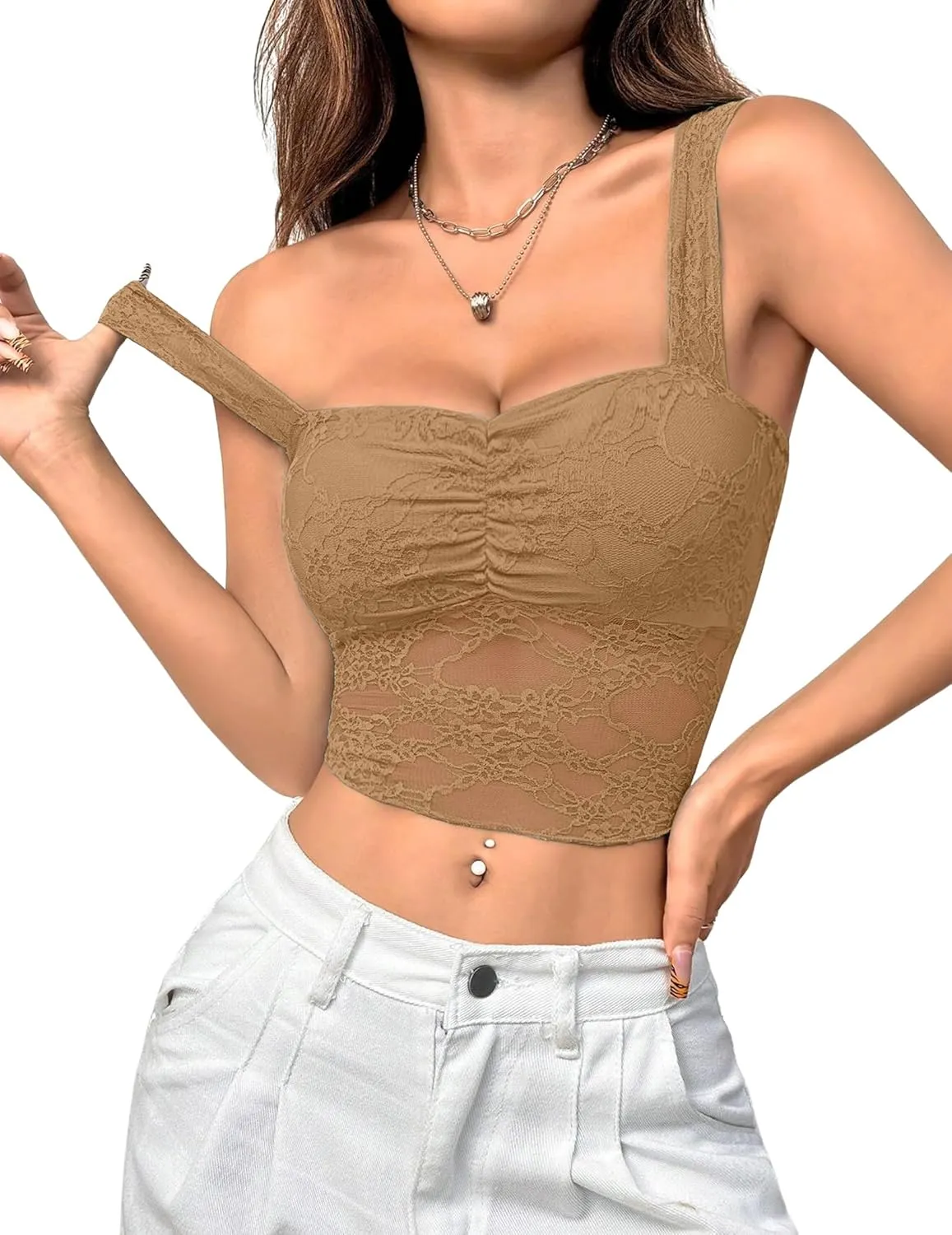 Lace Tops for Women Sexy Crop Tops Y2k Going Out Shirt Mesh Camisole Blouse Tank Sheer Outfits