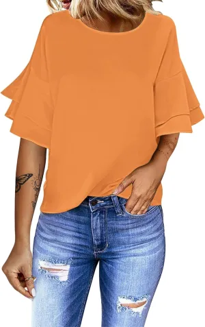 luvamia Women's Casual 3/4 Tiered Bell Sleeve Crewneck Loose Tops Blouses Shirt