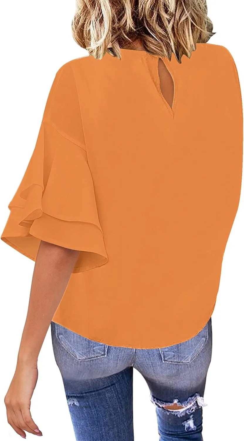 luvamia Women's Casual 3/4 Tiered Bell Sleeve Crewneck Loose Tops Blouses Shirt