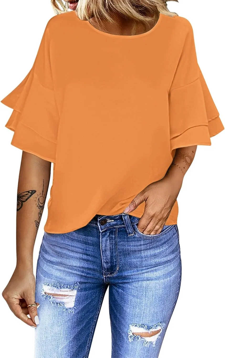 luvamia Women's Casual 3/4 Tiered Bell Sleeve Crewneck Loose Tops Blouses Shirt