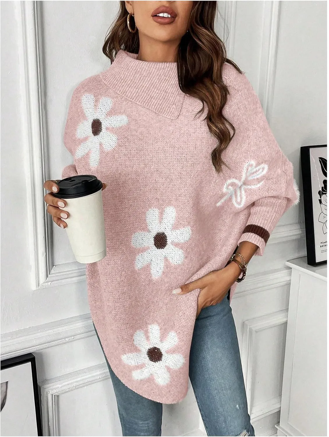 MakeMeChic Women's Poncho Sweater Turtleneck Knit Floral Asymmetrical Fall Sweaters Pullover