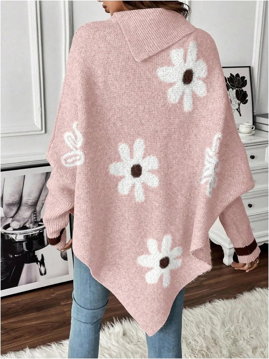 MakeMeChic Women's Poncho Sweater Turtleneck Knit Floral Asymmetrical Fall Sweaters Pullover