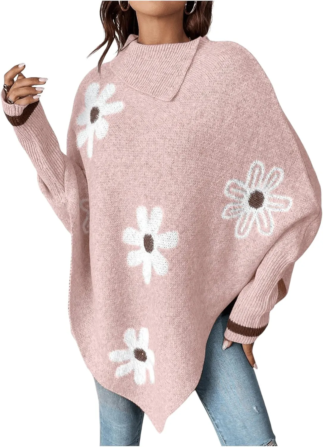 MakeMeChic Women's Poncho Sweater Turtleneck Knit Floral Asymmetrical Fall Sweaters Pullover