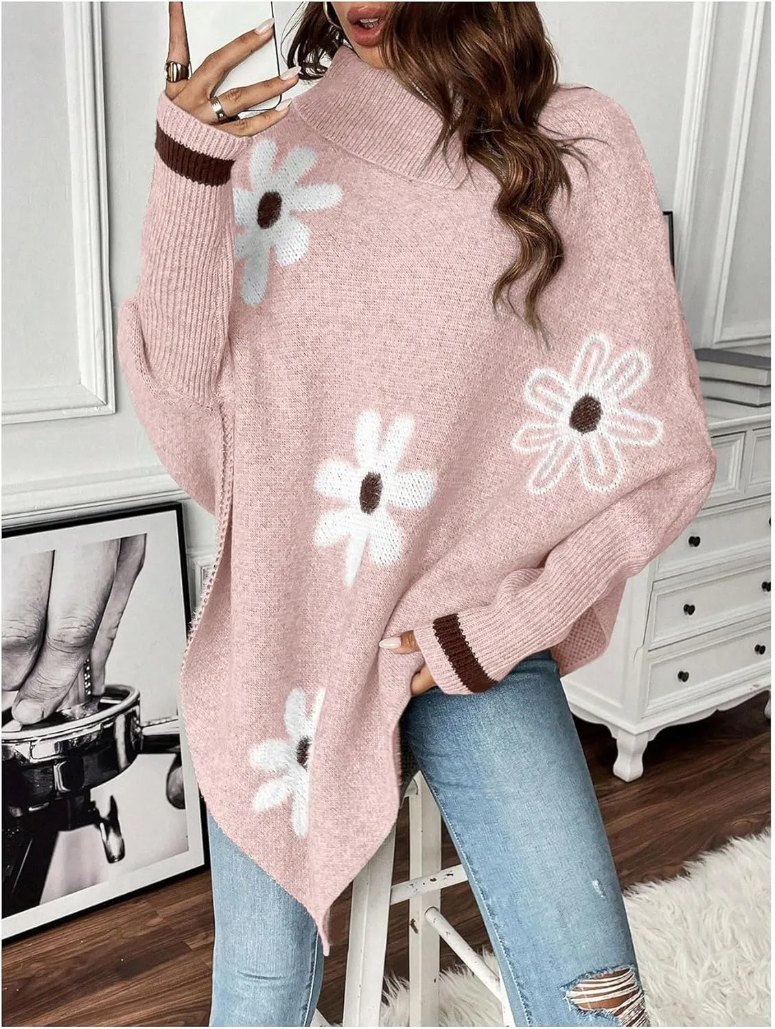 MakeMeChic Women's Poncho Sweater Turtleneck Knit Floral Asymmetrical Fall Sweaters Pullover