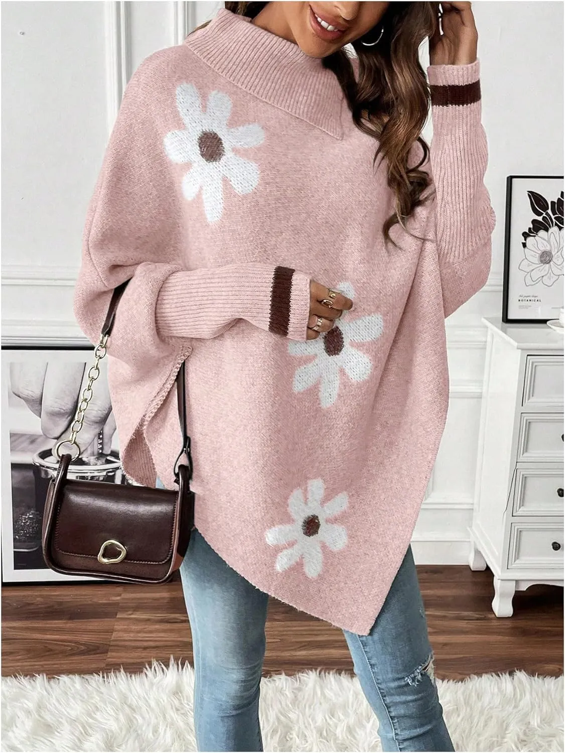 MakeMeChic Women's Poncho Sweater Turtleneck Knit Floral Asymmetrical Fall Sweaters Pullover