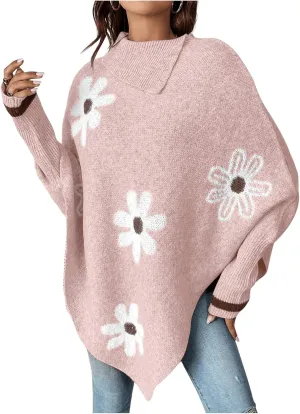 MakeMeChic Women's Poncho Sweater Turtleneck Knit Floral Asymmetrical Fall Sweaters Pullover