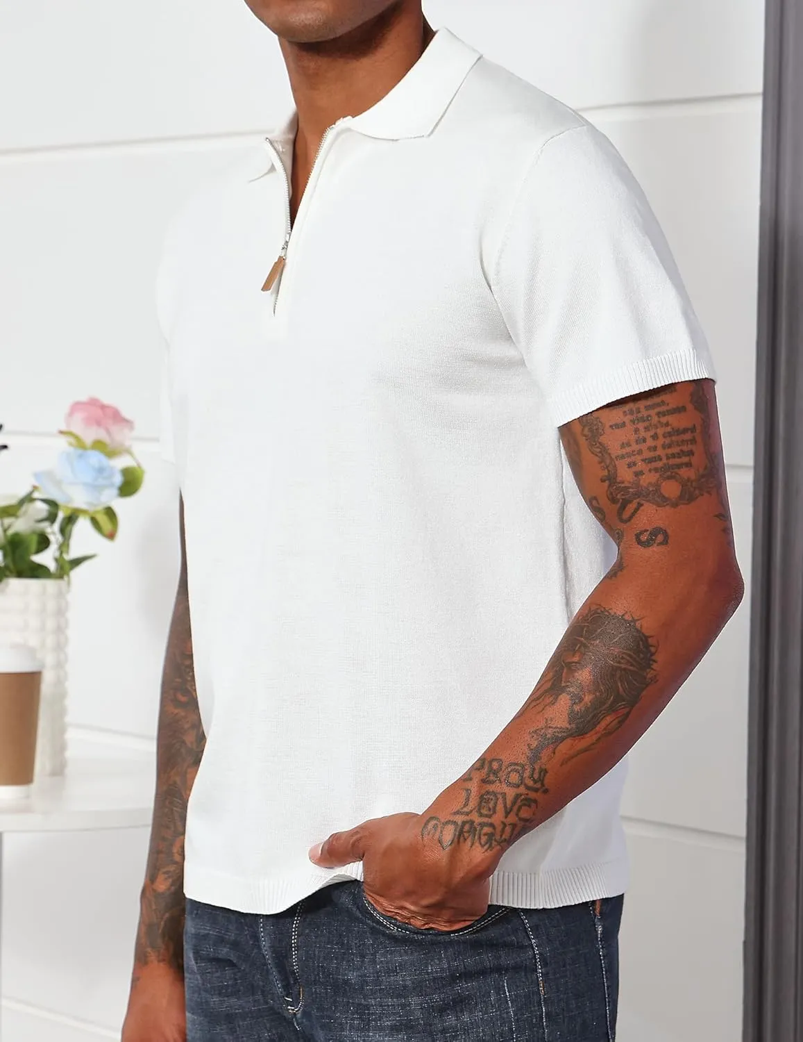 Men's Casual Zipper Polo Shirts Regular Fit Short Sleeve Knitting Shirts Stretchy Golf Shirts
