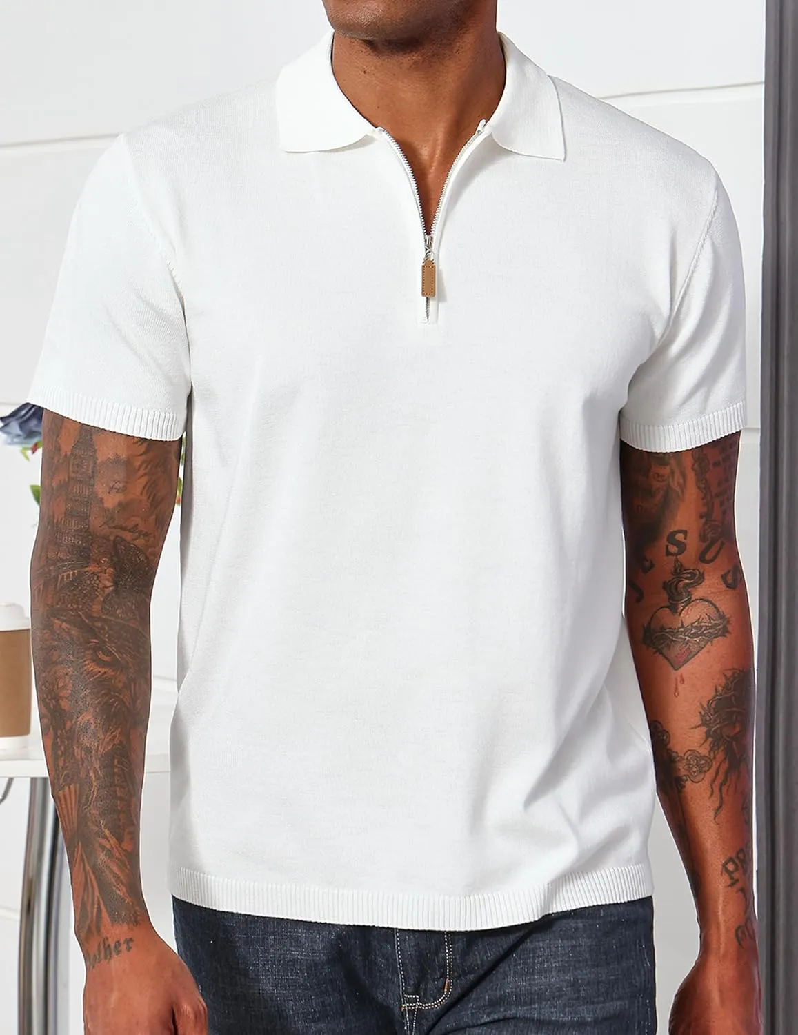 Men's Casual Zipper Polo Shirts Regular Fit Short Sleeve Knitting Shirts Stretchy Golf Shirts