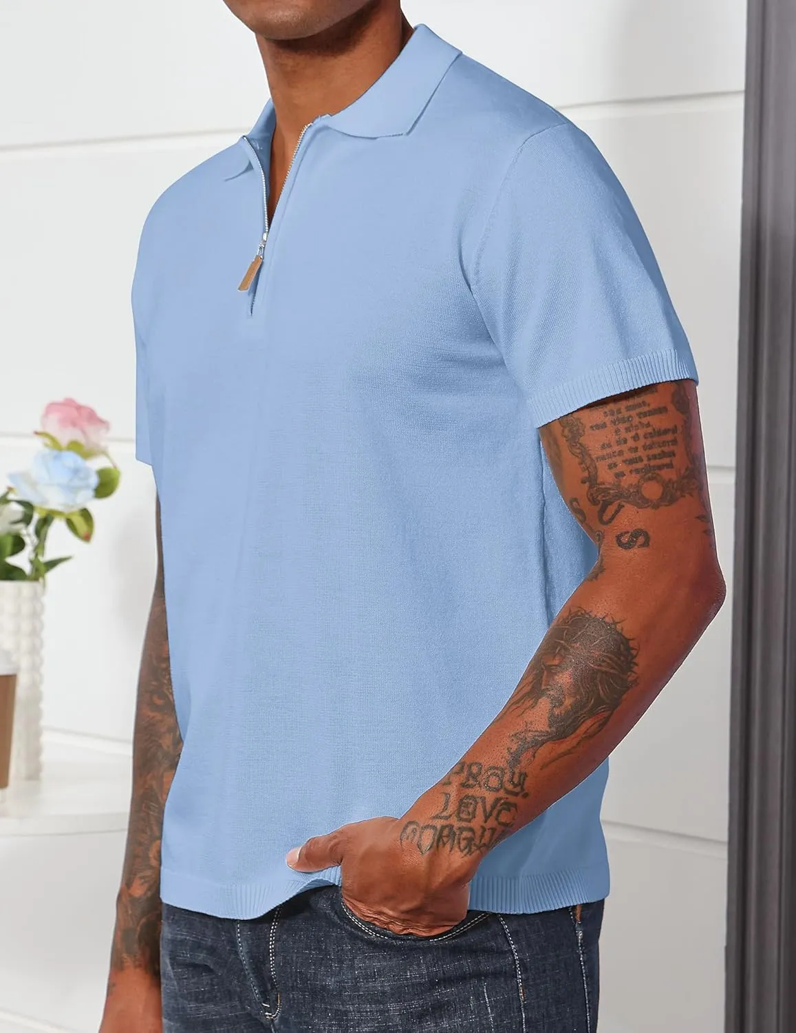 Men's Casual Zipper Polo Shirts Regular Fit Short Sleeve Knitting Shirts Stretchy Golf Shirts