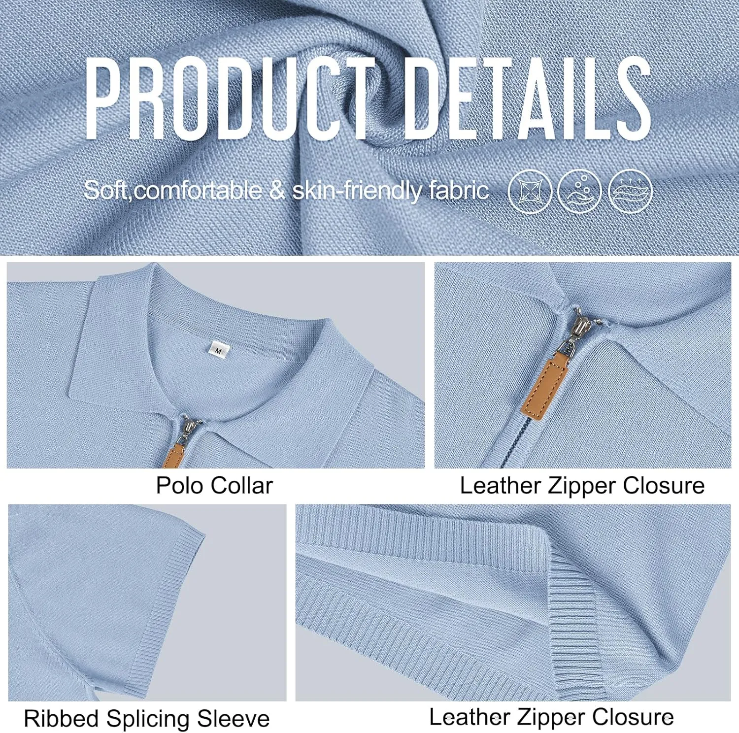 Men's Casual Zipper Polo Shirts Regular Fit Short Sleeve Knitting Shirts Stretchy Golf Shirts