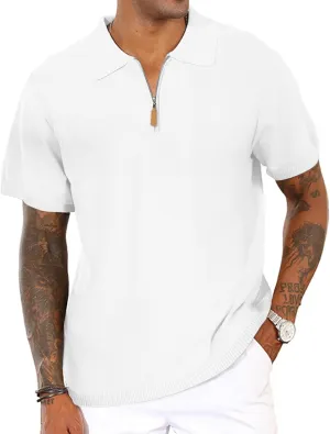 Men's Casual Zipper Polo Shirts Regular Fit Short Sleeve Knitting Shirts Stretchy Golf Shirts