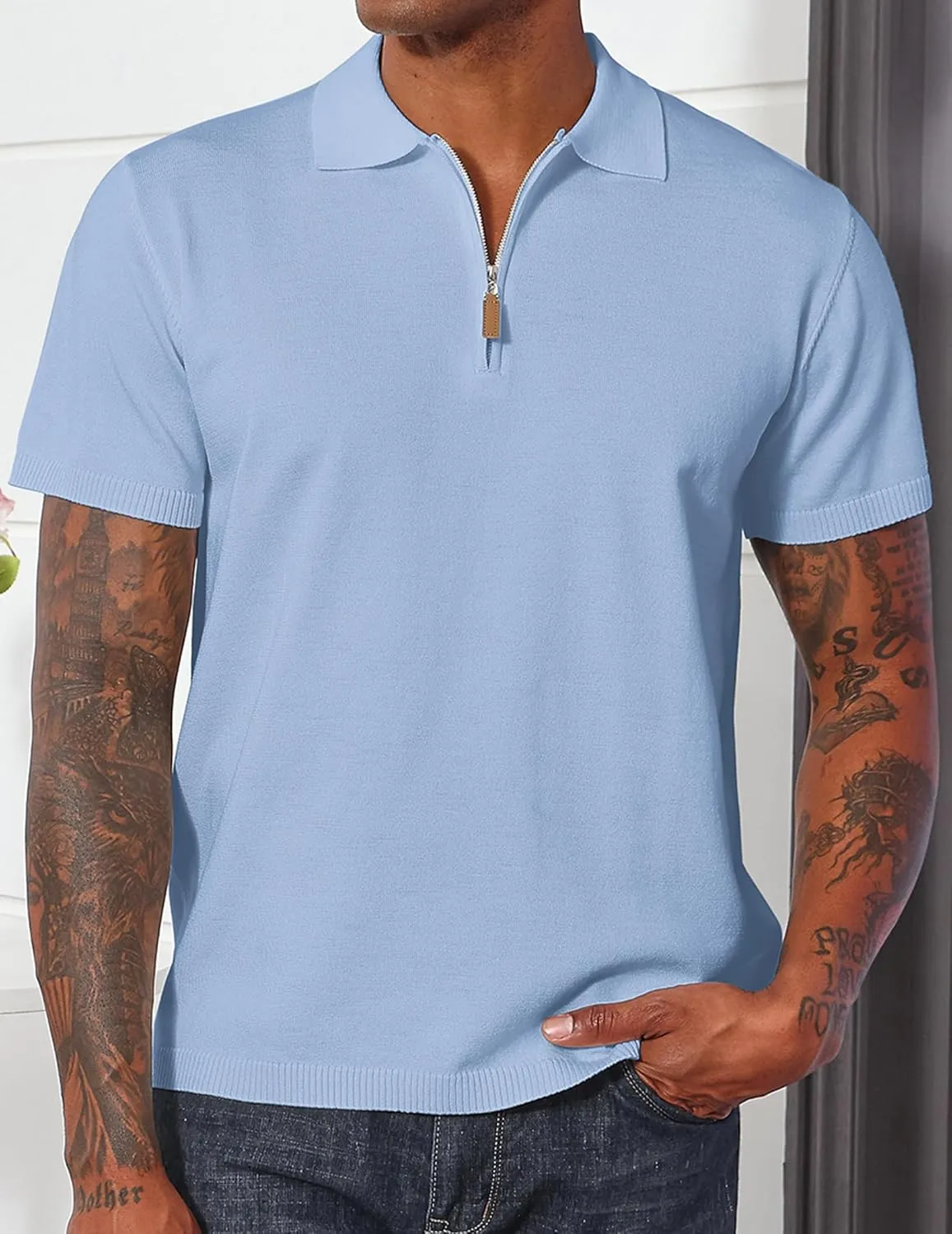 Men's Casual Zipper Polo Shirts Regular Fit Short Sleeve Knitting Shirts Stretchy Golf Shirts