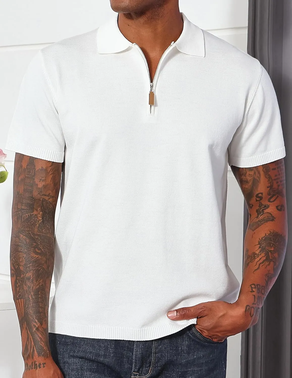 Men's Casual Zipper Polo Shirts Regular Fit Short Sleeve Knitting Shirts Stretchy Golf Shirts
