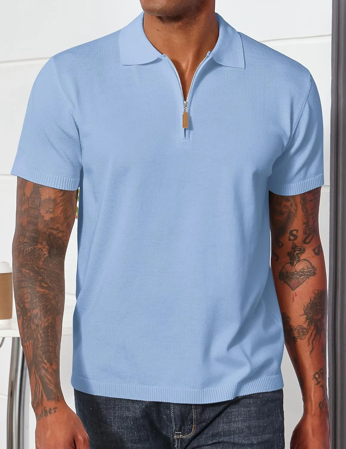 Men's Casual Zipper Polo Shirts Regular Fit Short Sleeve Knitting Shirts Stretchy Golf Shirts