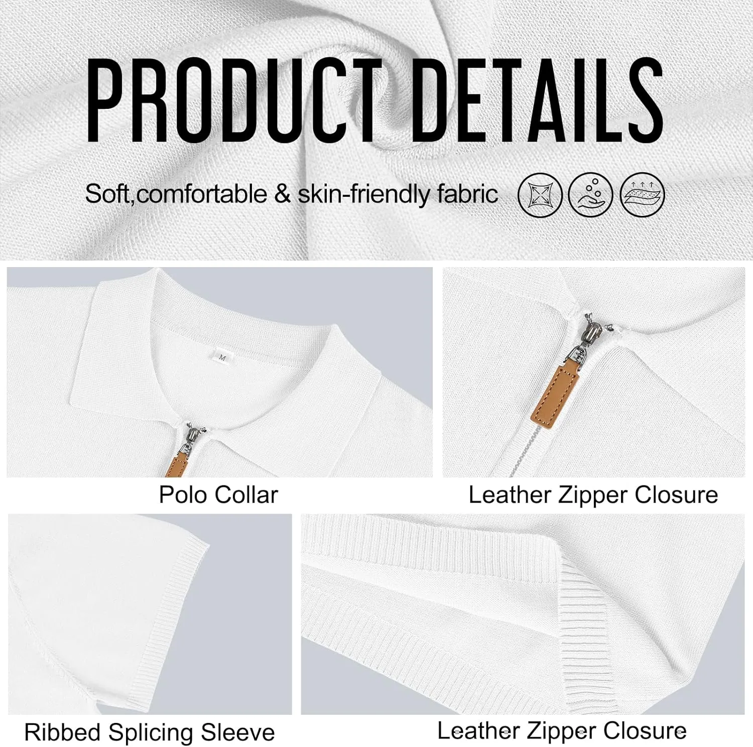 Men's Casual Zipper Polo Shirts Regular Fit Short Sleeve Knitting Shirts Stretchy Golf Shirts