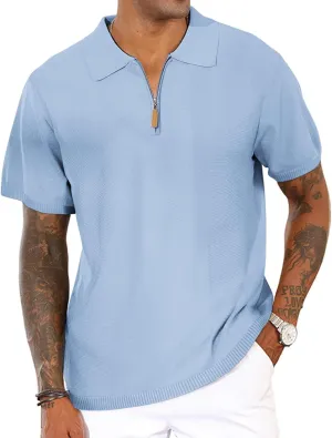 Men's Casual Zipper Polo Shirts Regular Fit Short Sleeve Knitting Shirts Stretchy Golf Shirts