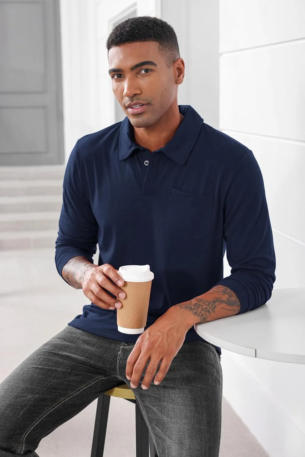 Mens Fashion Polo Shirts Casual Long Sleeve Classic Polo T-Shirts Thermal Golf Shirts Slim Fit Tops