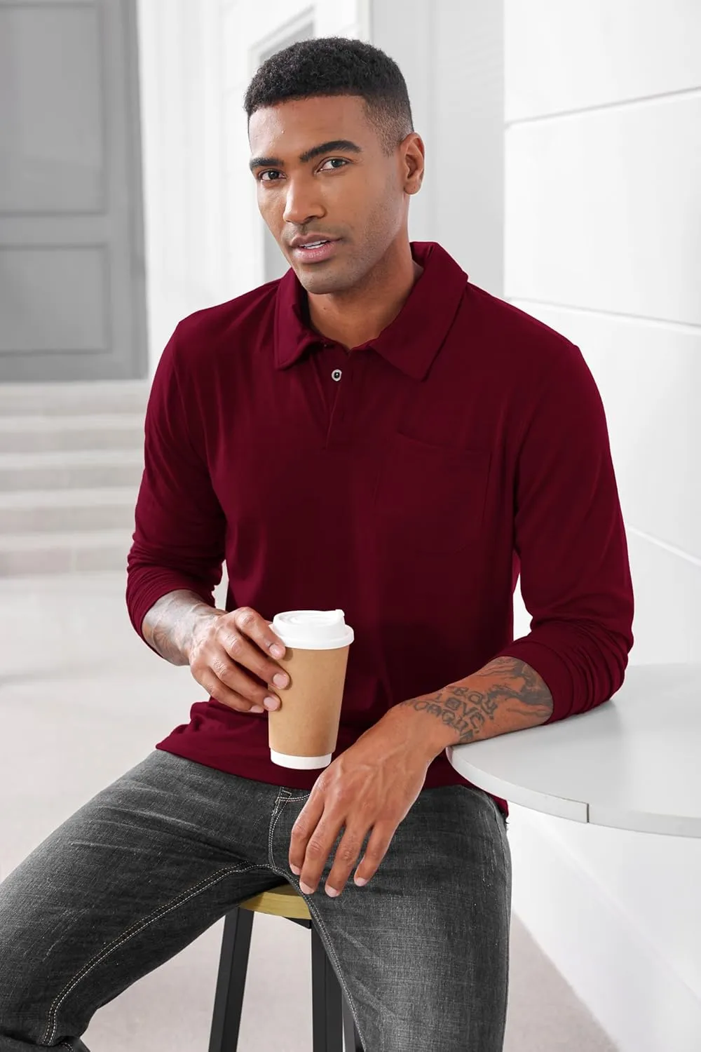 Mens Fashion Polo Shirts Casual Long Sleeve Classic Polo T-Shirts Thermal Golf Shirts Slim Fit Tops