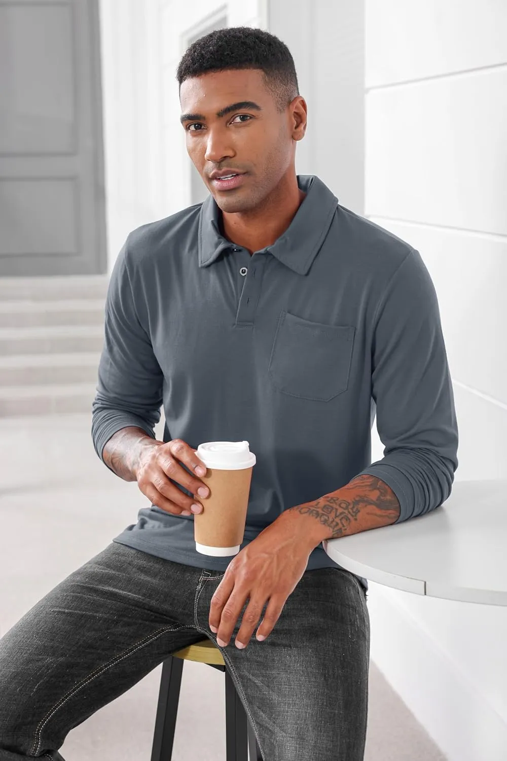 Mens Fashion Polo Shirts Casual Long Sleeve Classic Polo T-Shirts Thermal Golf Shirts Slim Fit Tops