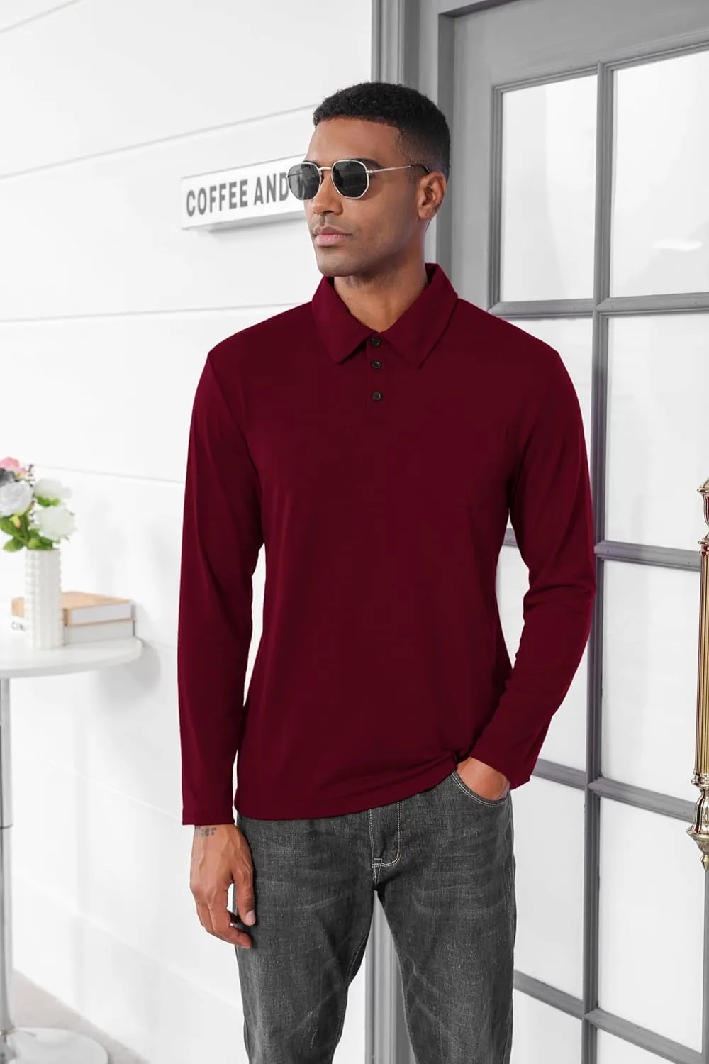 Mens Fashion Polo Shirts Casual Long Sleeve Classic Polo T-Shirts Thermal Golf Shirts Slim Fit Tops