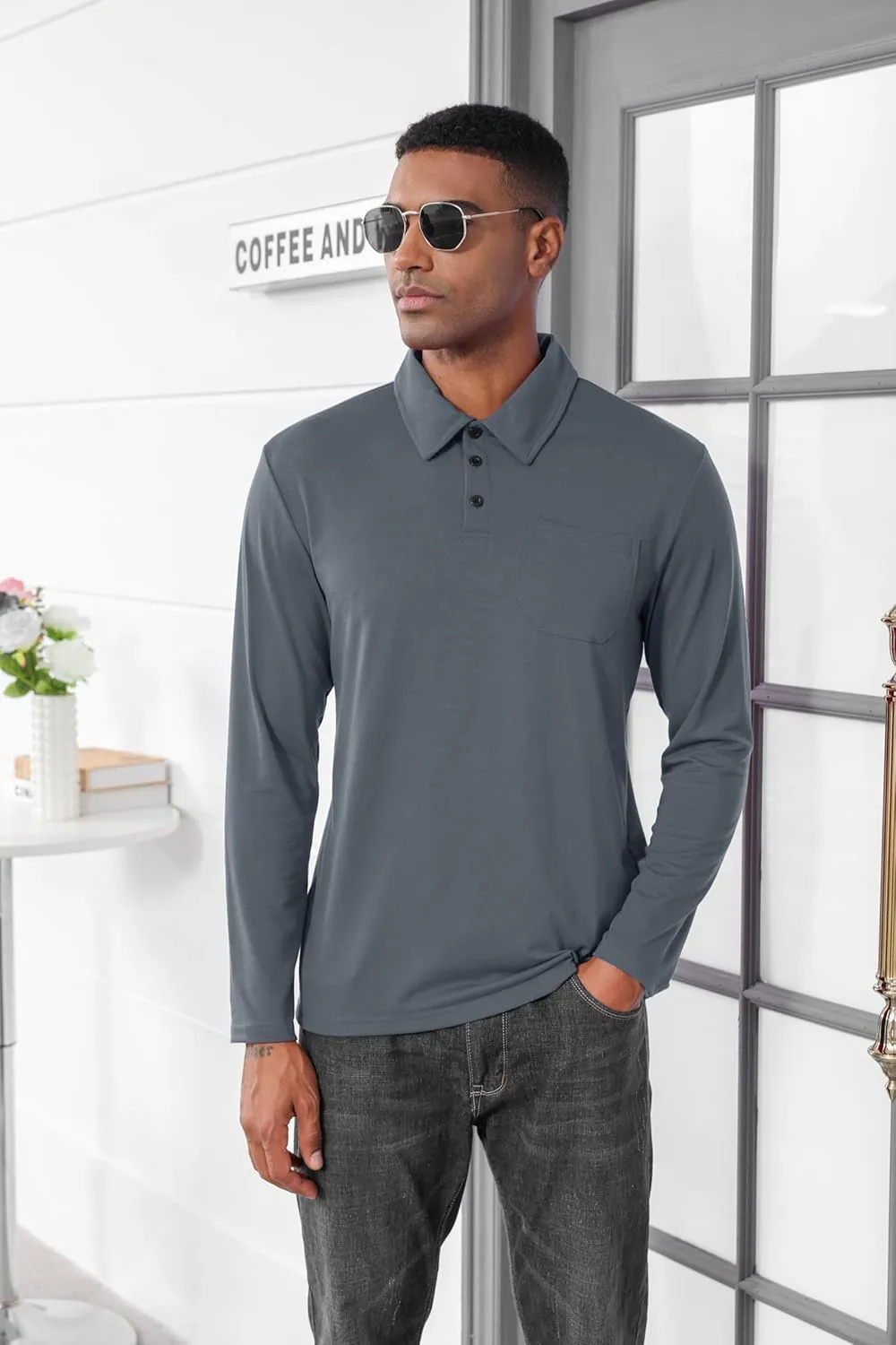 Mens Fashion Polo Shirts Casual Long Sleeve Classic Polo T-Shirts Thermal Golf Shirts Slim Fit Tops