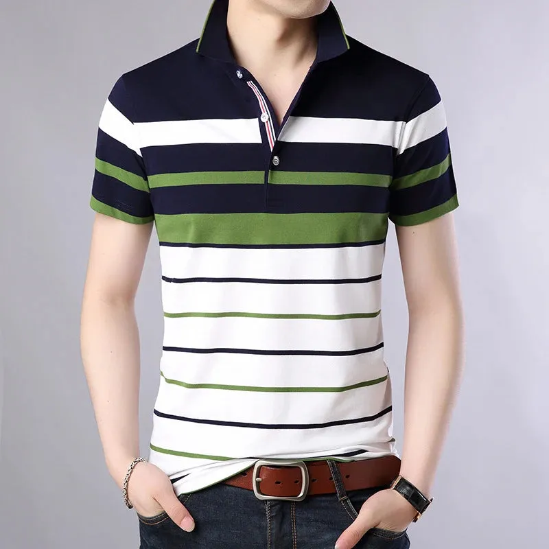 Men's Lapel Short Sleeved Multi Color Stripes Trendy POLO