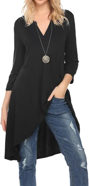 Naggoo Women's 3/4 Sleeve Notch V Neck High Low Loose Fit Long Tunic Tops Shirts Blouses M-3XL