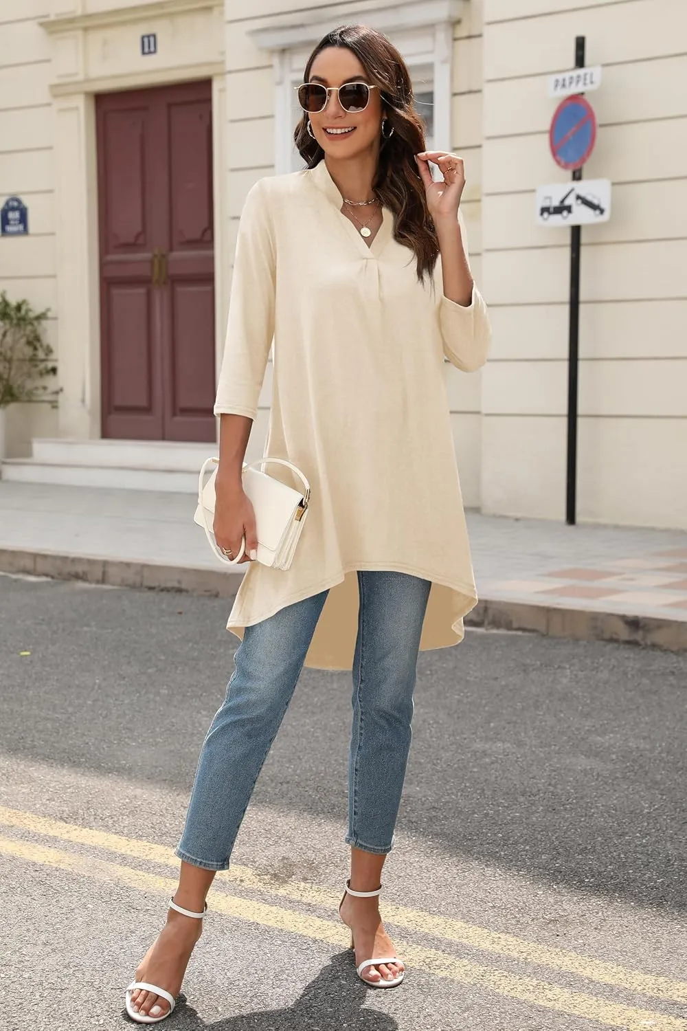 Naggoo Women's 3/4 Sleeve Notch V Neck High Low Loose Fit Long Tunic Tops Shirts Blouses M-3XL
