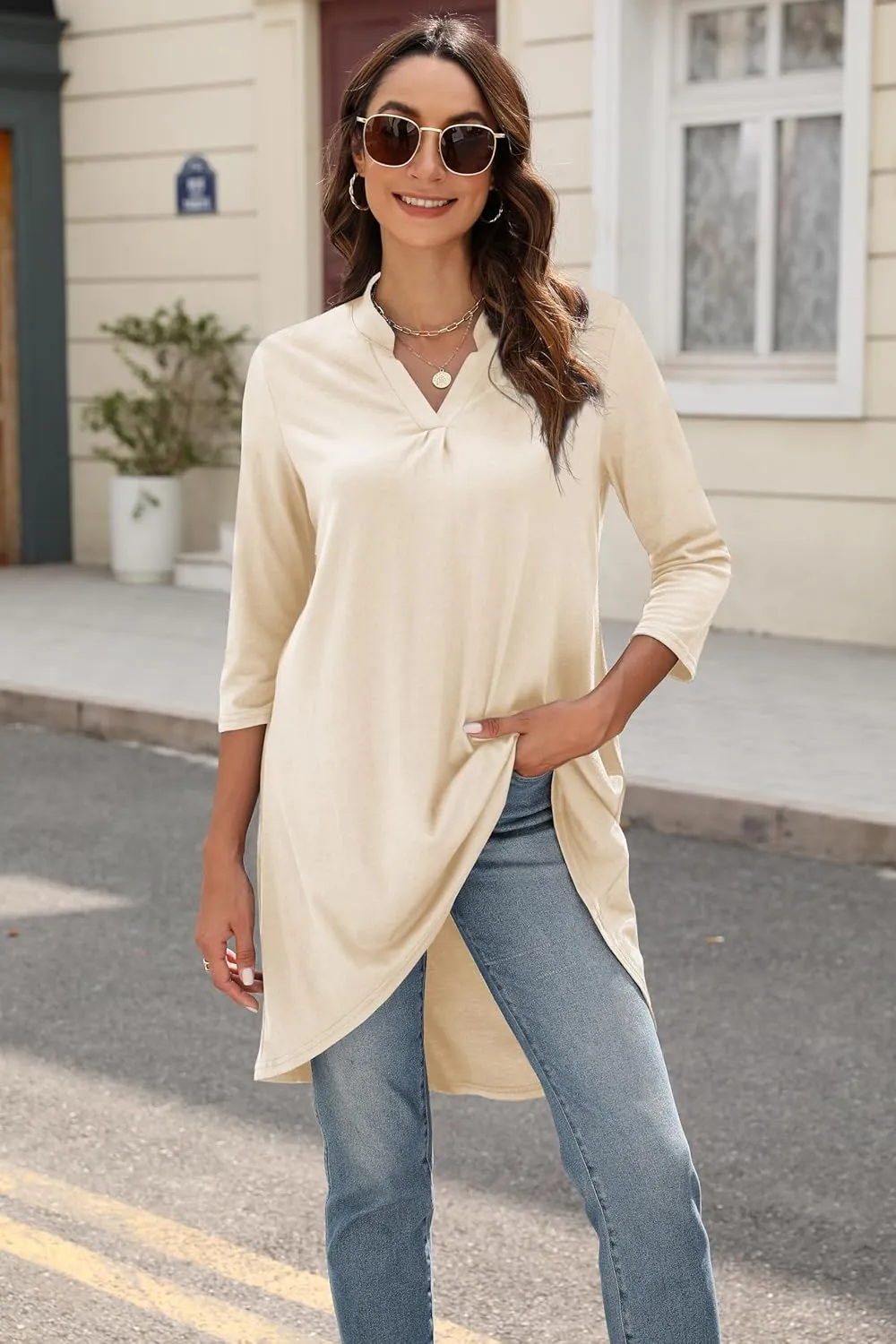 Naggoo Women's 3/4 Sleeve Notch V Neck High Low Loose Fit Long Tunic Tops Shirts Blouses M-3XL
