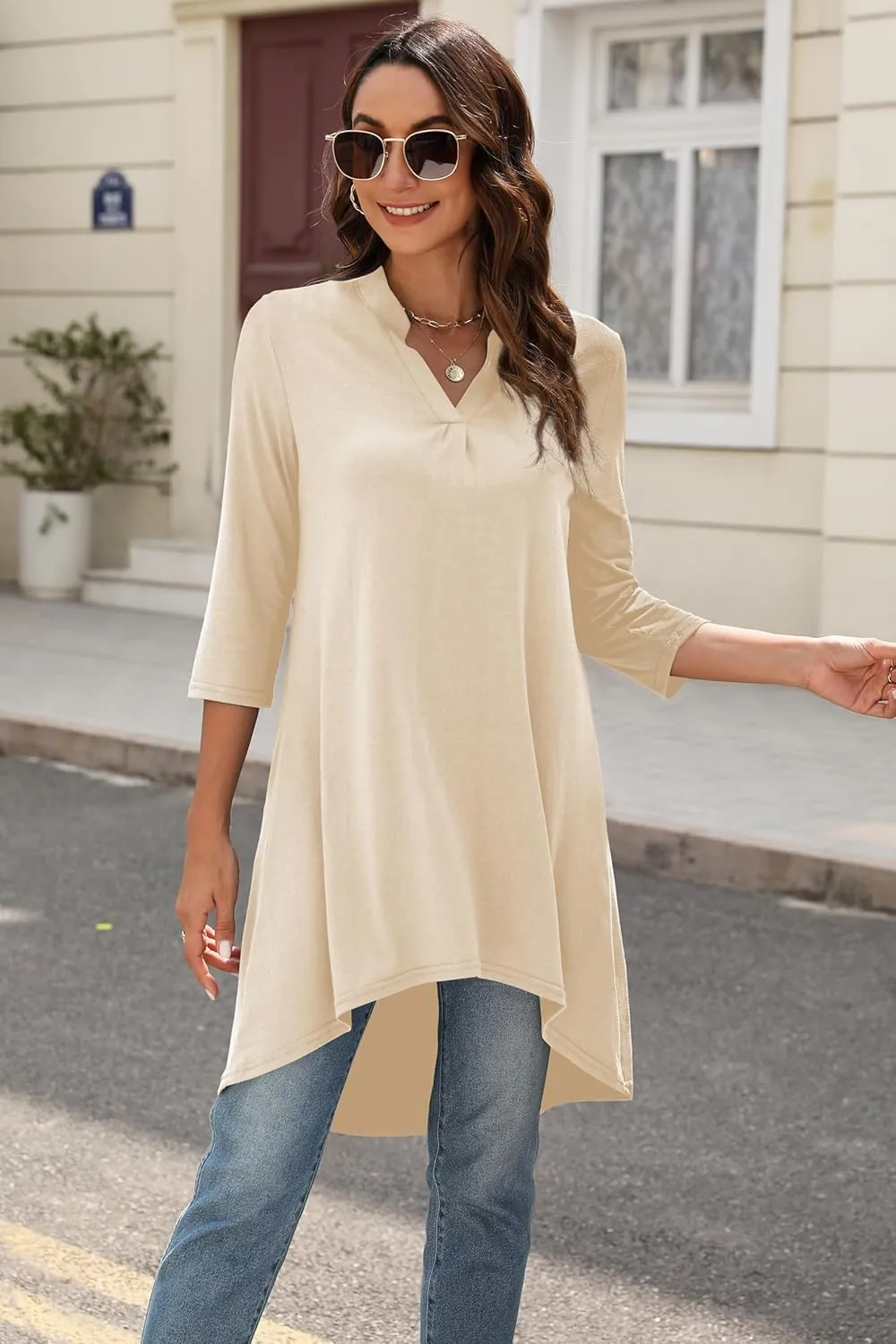 Naggoo Women's 3/4 Sleeve Notch V Neck High Low Loose Fit Long Tunic Tops Shirts Blouses M-3XL