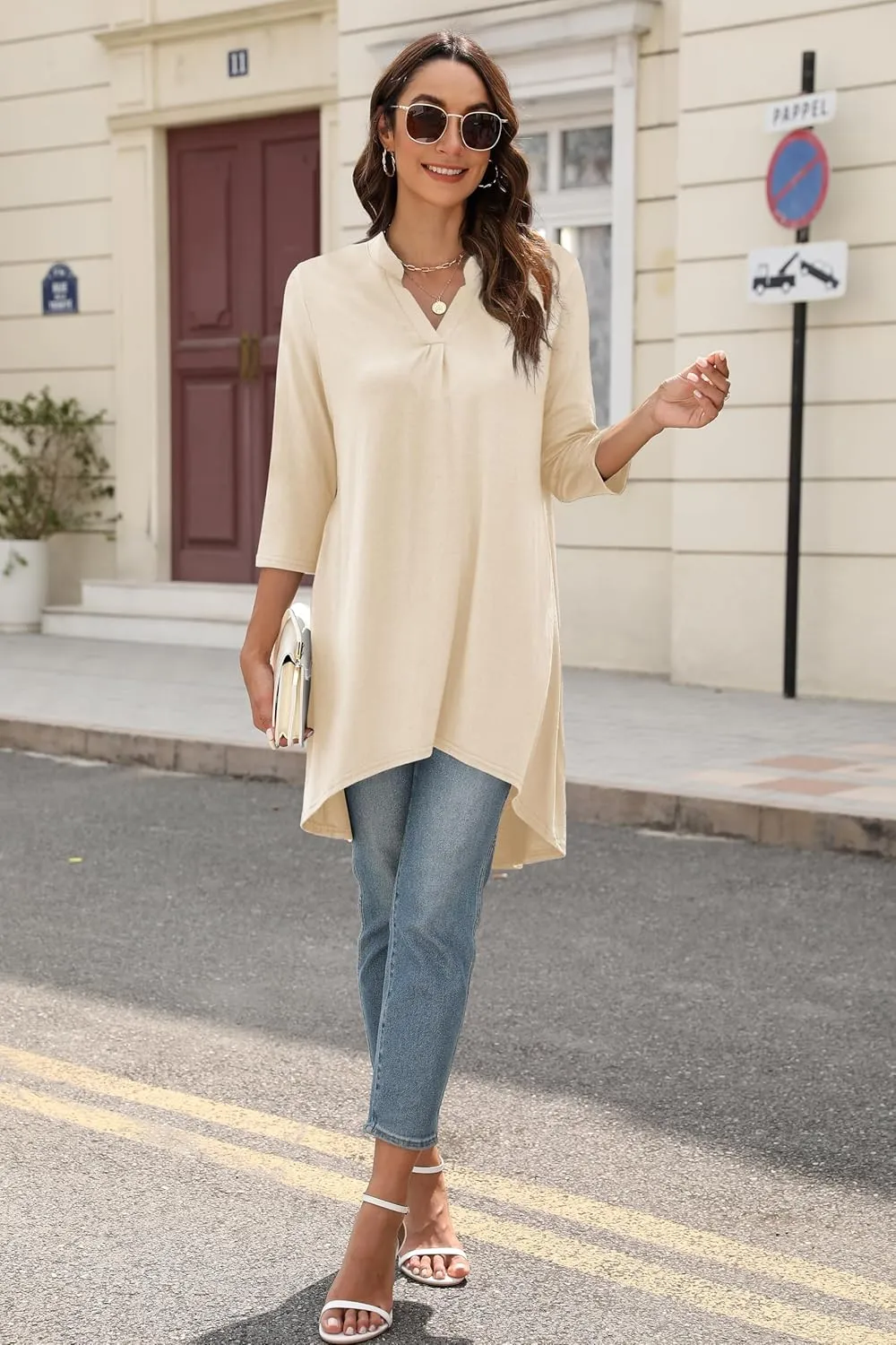 Naggoo Women's 3/4 Sleeve Notch V Neck High Low Loose Fit Long Tunic Tops Shirts Blouses M-3XL