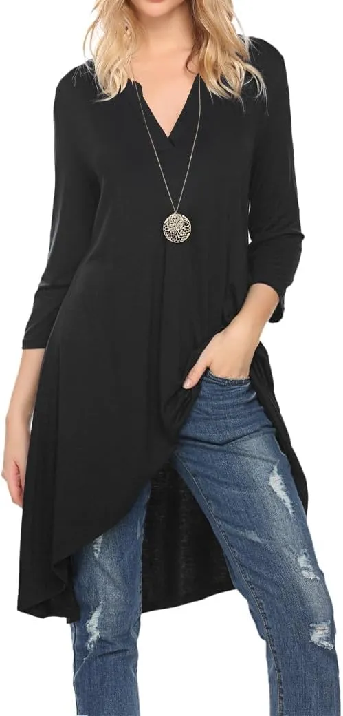 Naggoo Women's 3/4 Sleeve Notch V Neck High Low Loose Fit Long Tunic Tops Shirts Blouses M-3XL