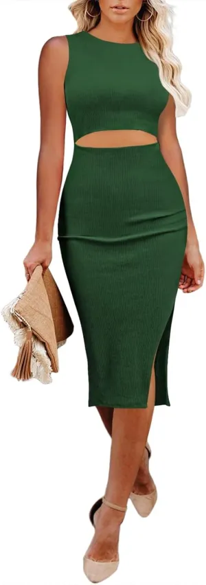 Pink Queen Women's Crew Neck Sleeveless Cutout Side Slit Knee Length Bodycon Midi Dress