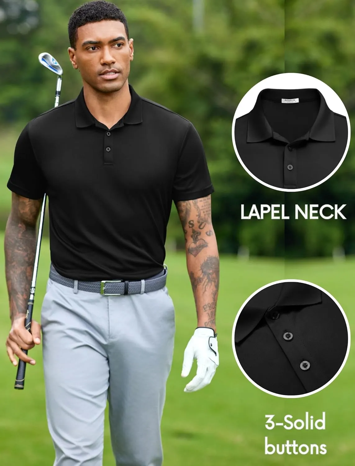 PINSPARK Mens Polo Shirts Short Sleeve Lightweight Moisture Wicking Quick Dry Casual Workout Collared Shirt Plain 3 Pack Set