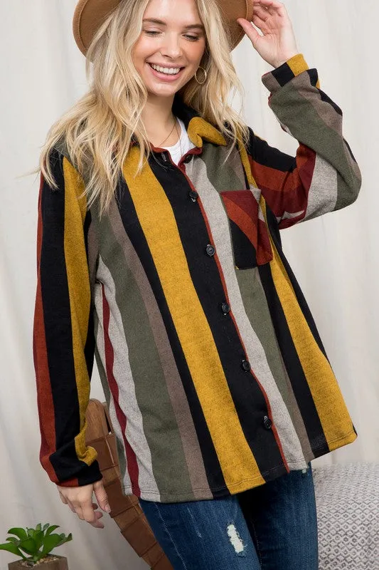 PLUS COZY STRIPE BUTTON DOWN SHACKET