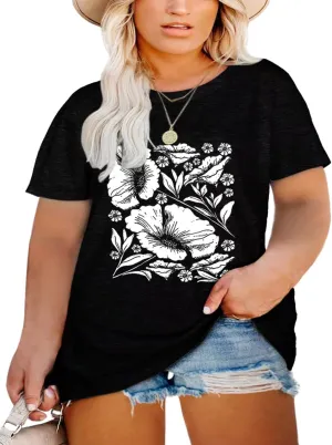 Plus Size Tops for Women Vintage Floral Graphic Tee Shirts Crewneck Short Sleeve Cozy Comfy Casual T-Shirt