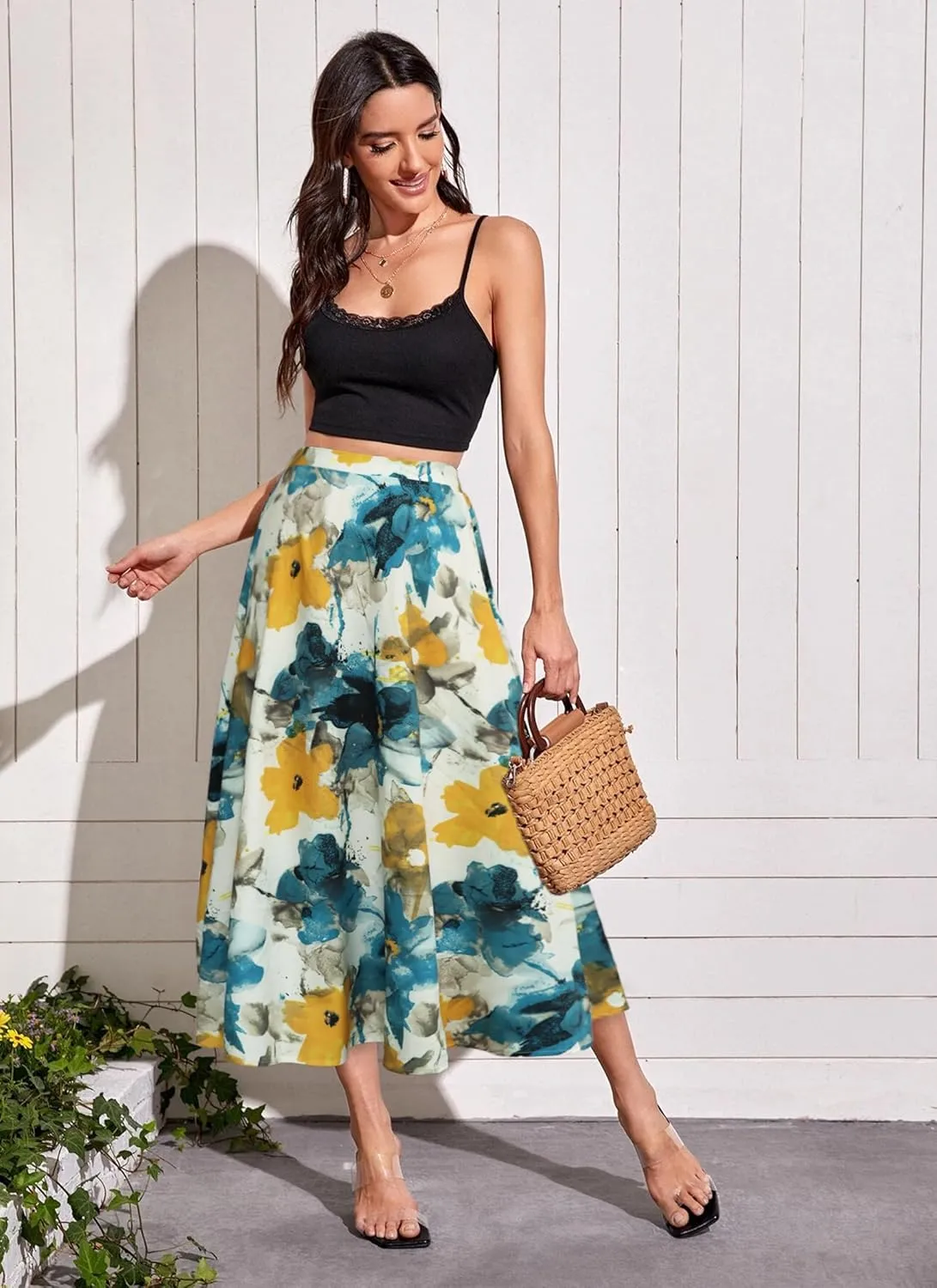 POPZONE Women's Midi Skirts Elastic High Waist Long Skirts Below The Knee Flowy Floral Summer Skirts for Women