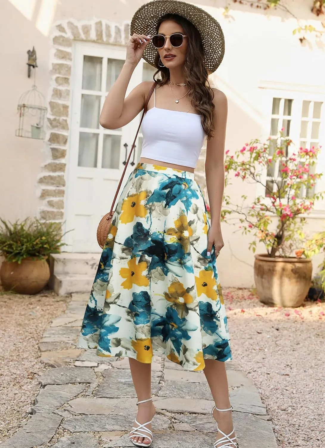 POPZONE Women's Midi Skirts Elastic High Waist Long Skirts Below The Knee Flowy Floral Summer Skirts for Women