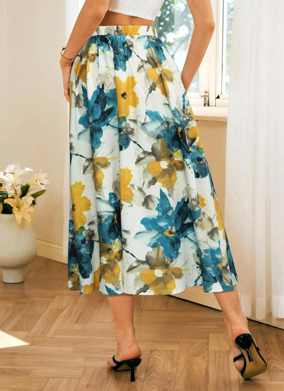 POPZONE Women's Midi Skirts Elastic High Waist Long Skirts Below The Knee Flowy Floral Summer Skirts for Women