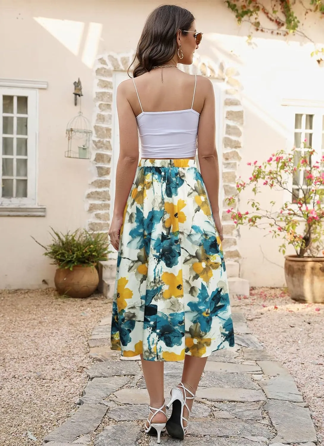 POPZONE Women's Midi Skirts Elastic High Waist Long Skirts Below The Knee Flowy Floral Summer Skirts for Women