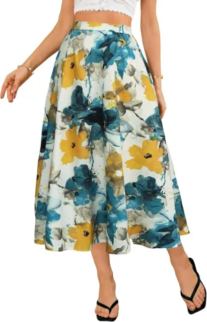 POPZONE Women's Midi Skirts Elastic High Waist Long Skirts Below The Knee Flowy Floral Summer Skirts for Women