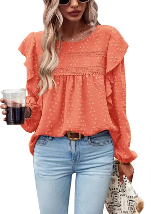 PRETTYGARDEN Women's Long Sleeve Blouses Ruffle Swiss Dot Crochet Loose Fit 2025 Spring Fall Tunic Dressy Casual Tops