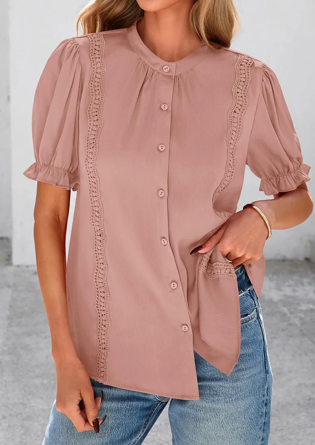 PRETTYGARDEN Womens Puff Ruffle Sleeve Tops 2025 Summer Trendy V Neck Button Down Shirts Casual Embroidery Chiffon Blouses