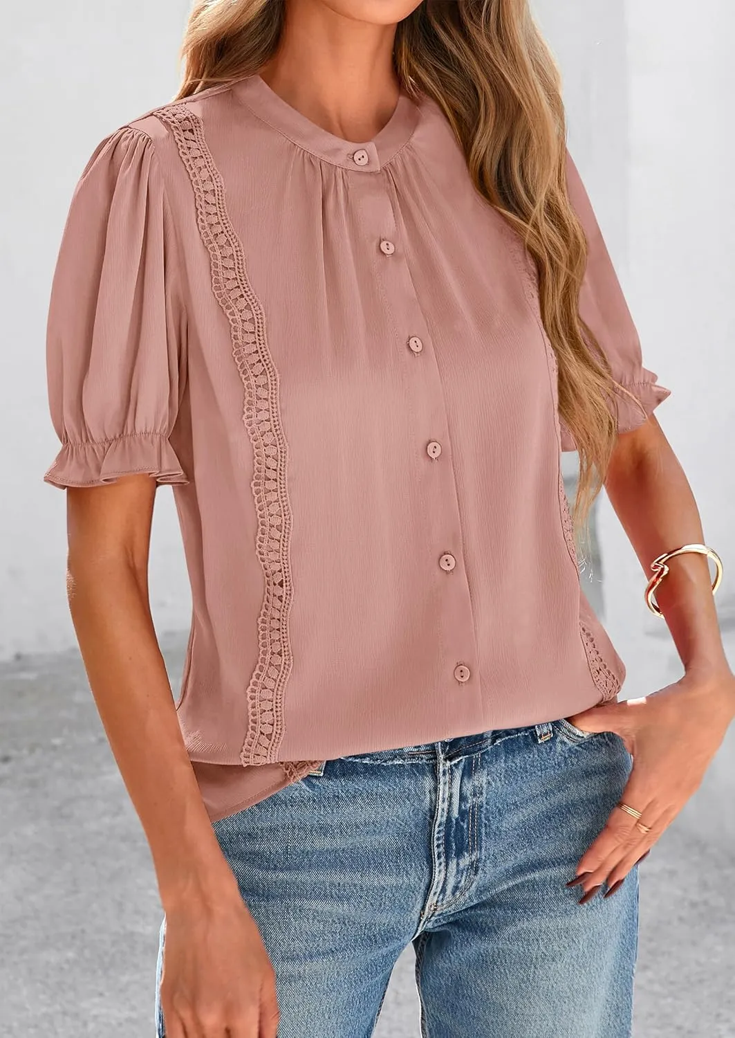 PRETTYGARDEN Womens Puff Ruffle Sleeve Tops 2025 Summer Trendy V Neck Button Down Shirts Casual Embroidery Chiffon Blouses