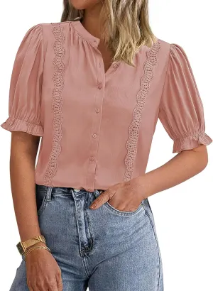 PRETTYGARDEN Womens Puff Ruffle Sleeve Tops 2025 Summer Trendy V Neck Button Down Shirts Casual Embroidery Chiffon Blouses