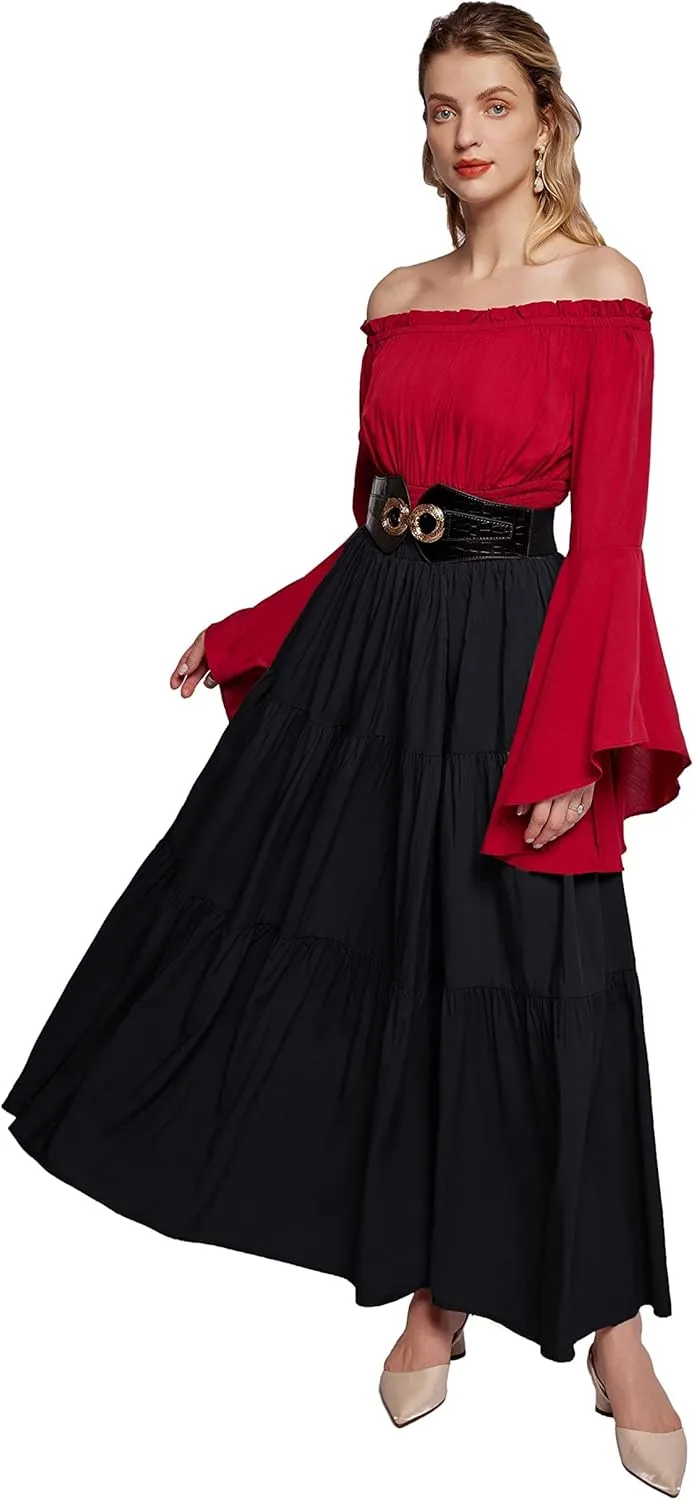 Scarlet Darkness Maxi Long Skirts for Women Summer Flowy Renaissance Skirt with Pockets
