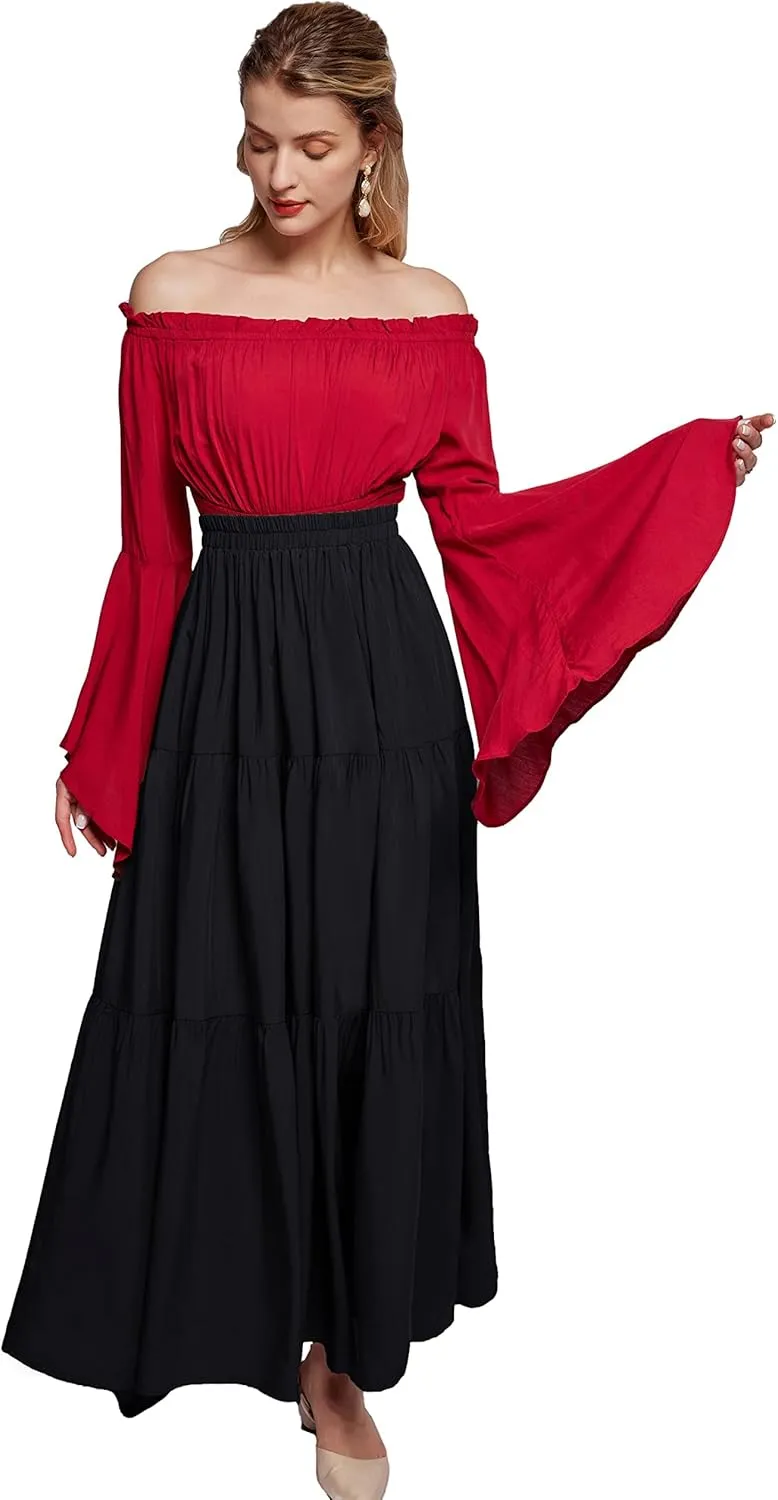 Scarlet Darkness Maxi Long Skirts for Women Summer Flowy Renaissance Skirt with Pockets