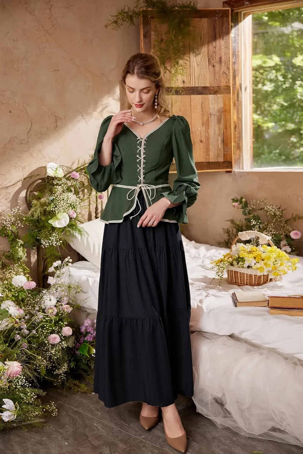 Scarlet Darkness Maxi Long Skirts for Women Summer Flowy Renaissance Skirt with Pockets