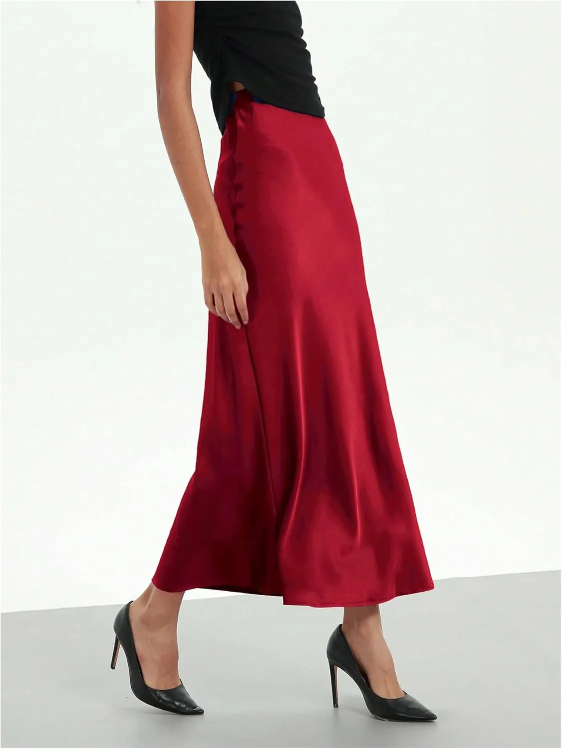 SHENHE Women's Satin Maxi Skirts High Waisted A Line Long Skirts Elegant Office Skirts
